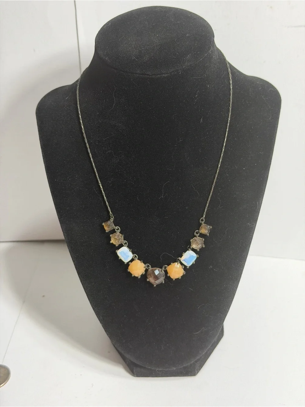 Vintage Avon Faceted Rhinestone Opalite Faux Amber Collar Necklace Dark Chain